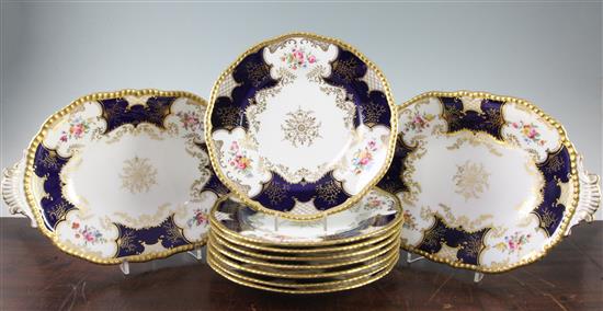 A Coalport ten piece part dessert service, c.1900, 23cm and 32.5cm